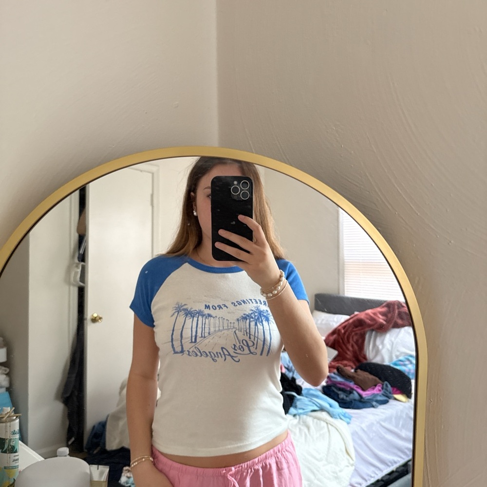 T.J.Maxx Blue and White Vinyl Icons Tee